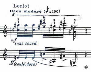 Motiv petja KOBILARJA (Oriolus oriolus) iz stavka Kobilar (Le loriot) iz cikla Katalog ptic. Ptičje petje, ki ga igra pianistova leva roka (note na spodnjem notnem črtovju), ponazarja temeljne note kobilarjevega petja. foto: Wikipedija